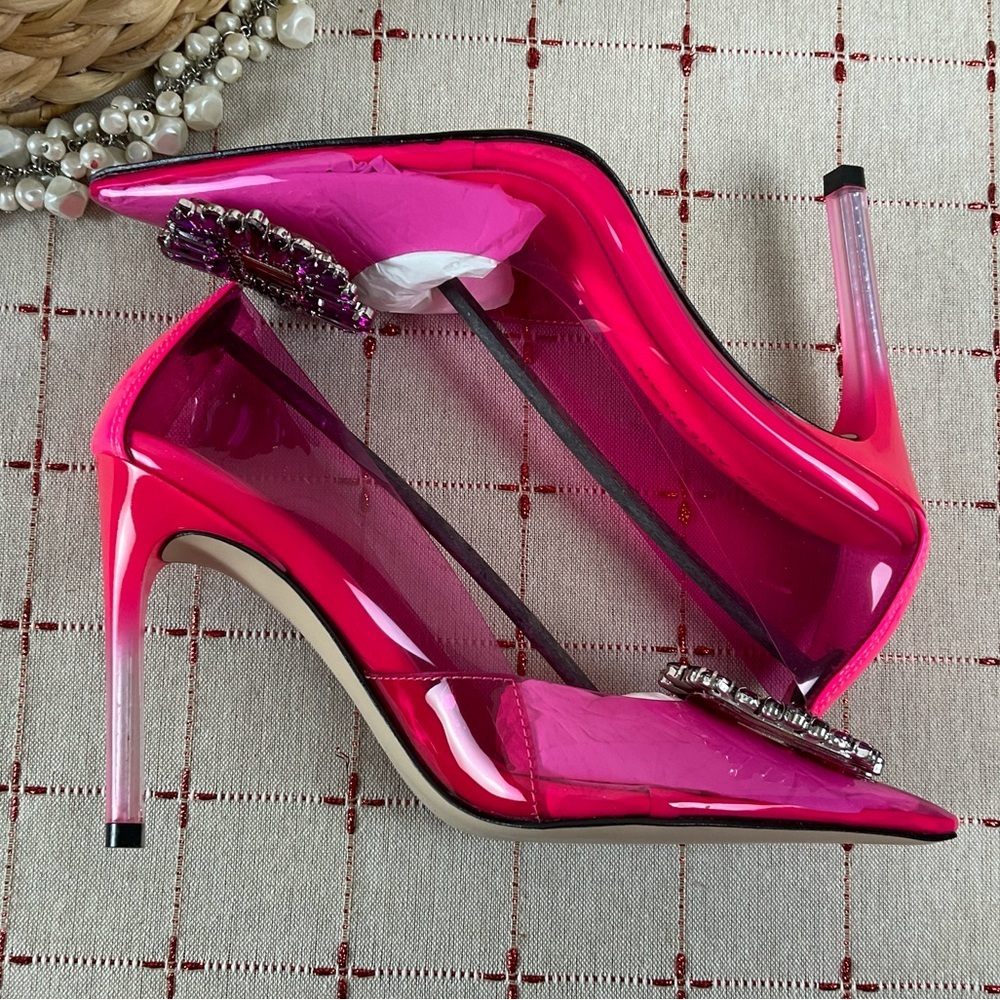 Good American 'CINDER-F*CKING-RELLA' Clear PUMP Size 5 Hot Pink New Stiletto - Picture 8 of 10